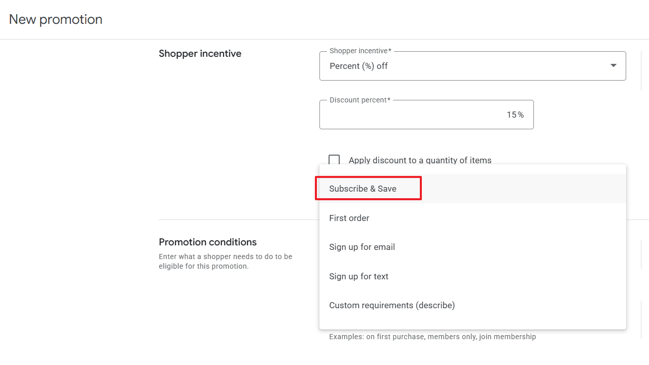 “Marketing” → “Promotions” → “Subscribe & Save”
